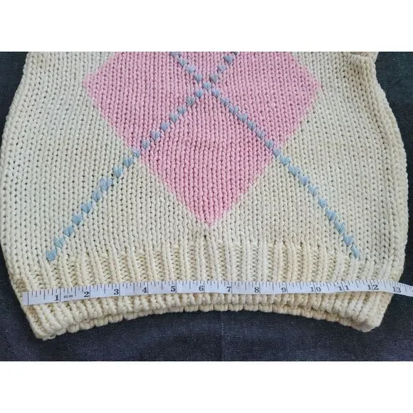 Vintage 60s 70s Ivory White Pink Sweater Vest Argyle Size XS/S Mod Coquette - Picture 9 of 11